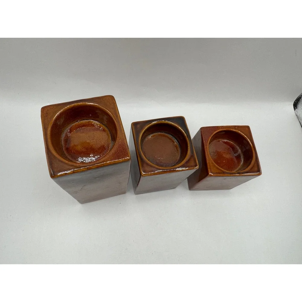 Ceramic Pillar Candle Holder Set 3 Brown Leaf Motif Glossy Rectangular